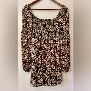 Guess| Brown & Cream Fall Floral Smocked Boho Long Sleeve Mini Dress Sz XS